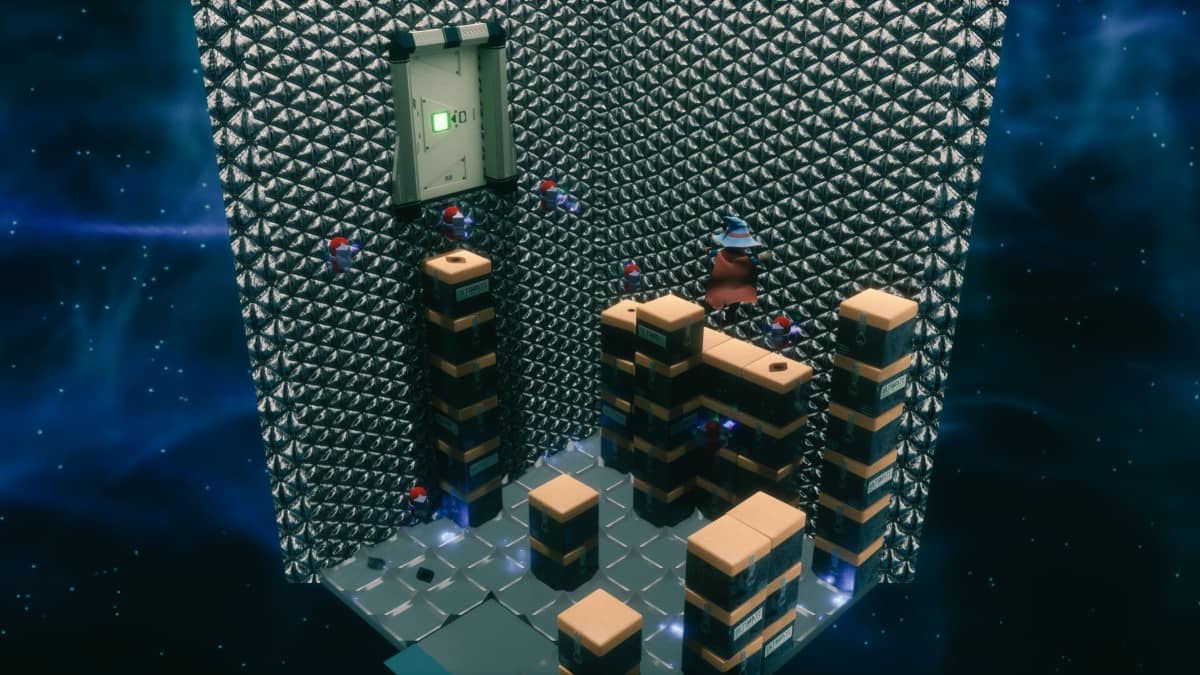 The protagonist in Lumo 2 manipulates stacked boxes to solve a spatial puzzle in one of the game’s quirky challenge rooms.