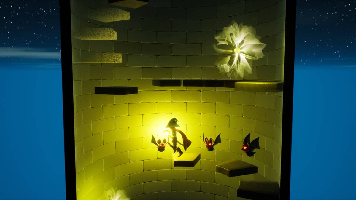 The hero ascends a crumbling tower in Lumo 2 while a swarm of bats closes in, adding urgency to the vertical puzzle climb.