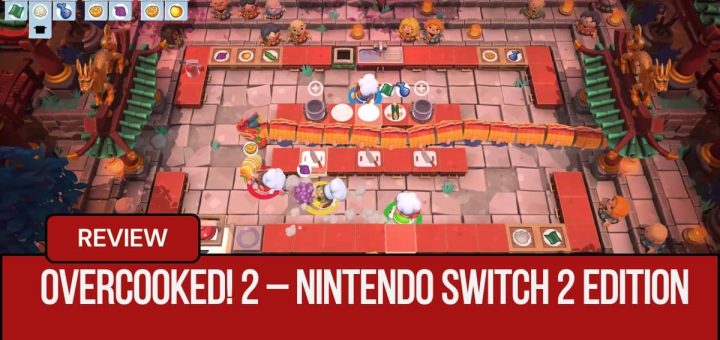 A frantic oriental kitchen scene in Overcooked 2 with chefs rushing to prepare dishes together.
