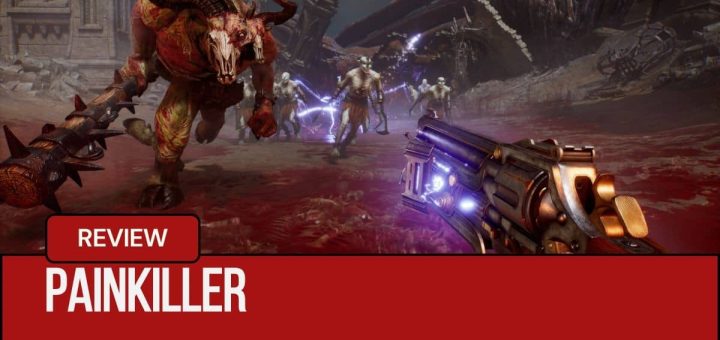 Player fires at grotesque enemies in Painkiller, including a bull-like foe with half its skull exposed.