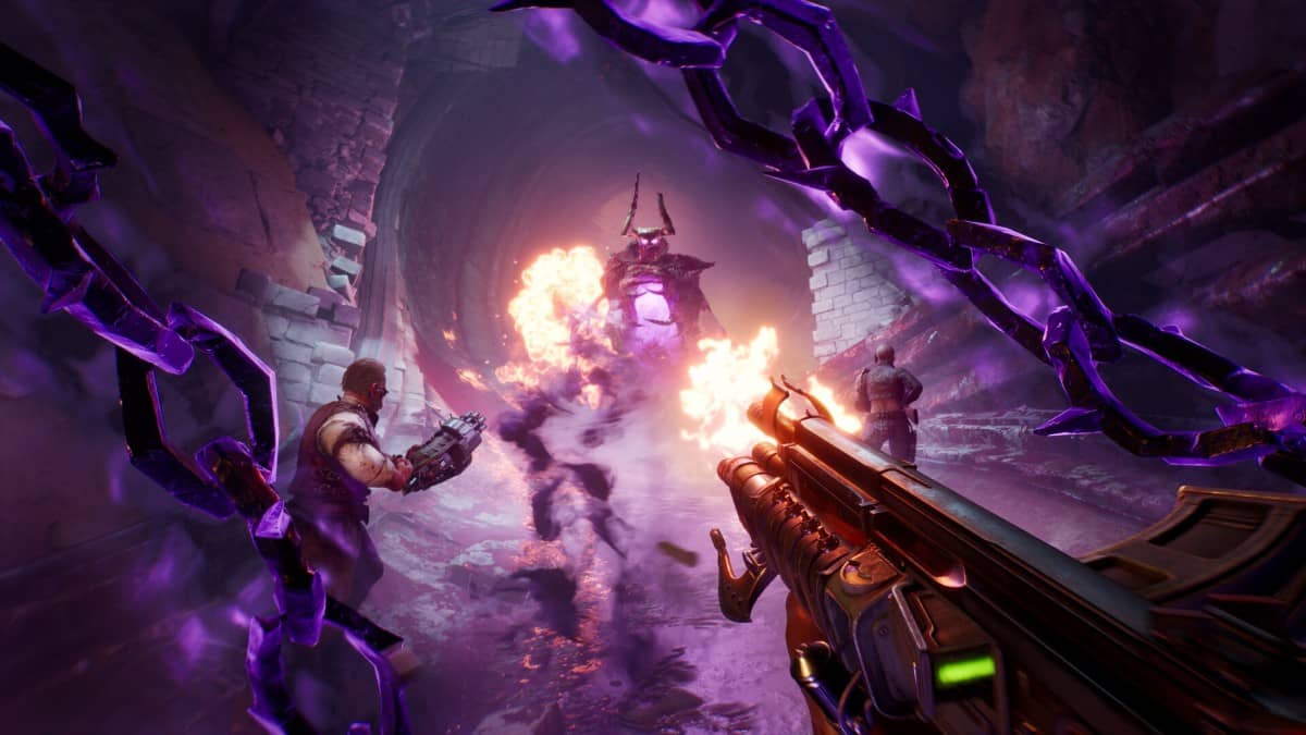Boss strikes fiercely in Painkiller as purple chains surround players locked in combat.