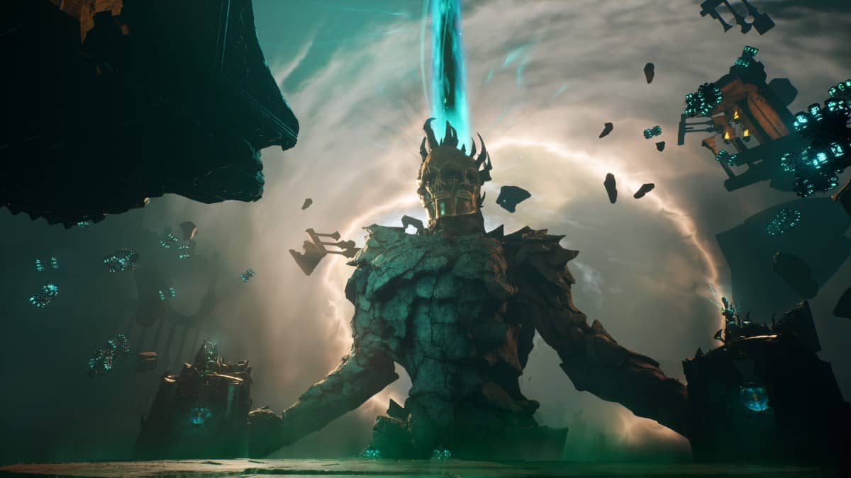 Players watch a towering skeleton-faced boss rise across levels and worlds in Painkiller.
