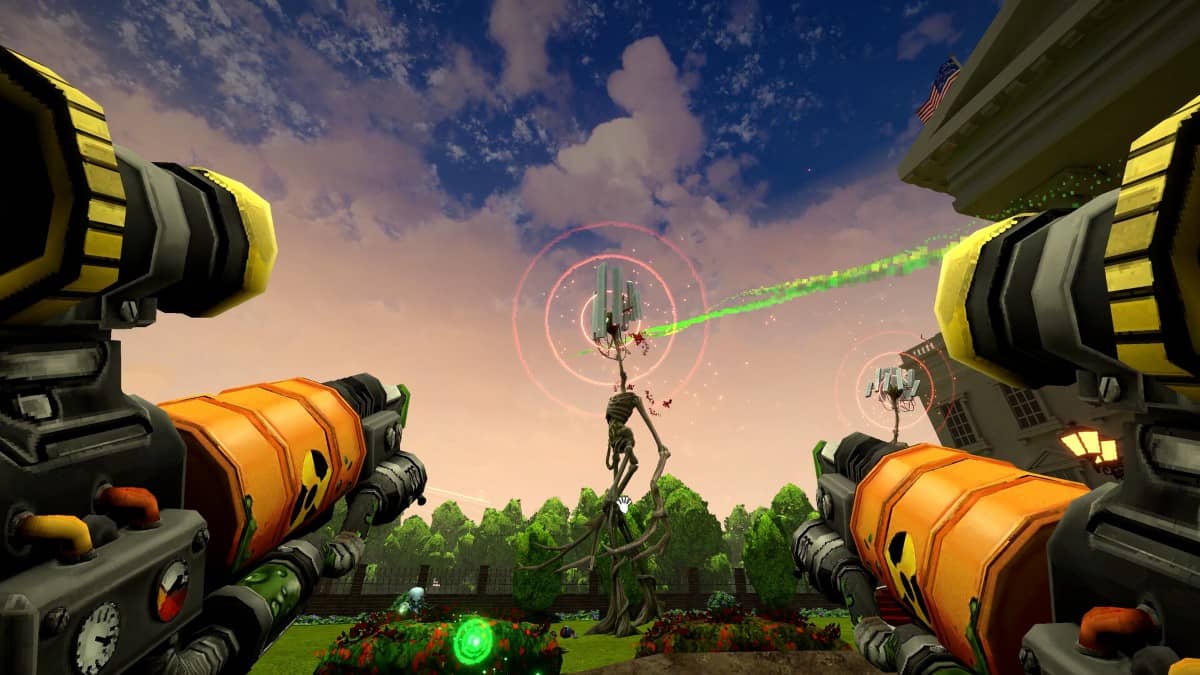 POSTAL: Brain Damaged - These Sunny Daze unleashes a boss fight with massive dual launchers dominating the screen.