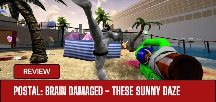 A beachside showdown in POSTAL: Brain Damaged - These Sunny Daze, featuring the piss gun and a high-kicking gym bro.