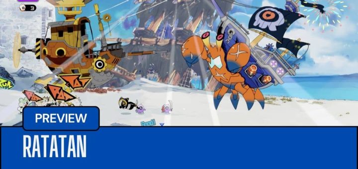 Chaotic ship combat unfolds above as Ratatan’s rhythm-driven gameplay erupts below in this dynamic battle scene.