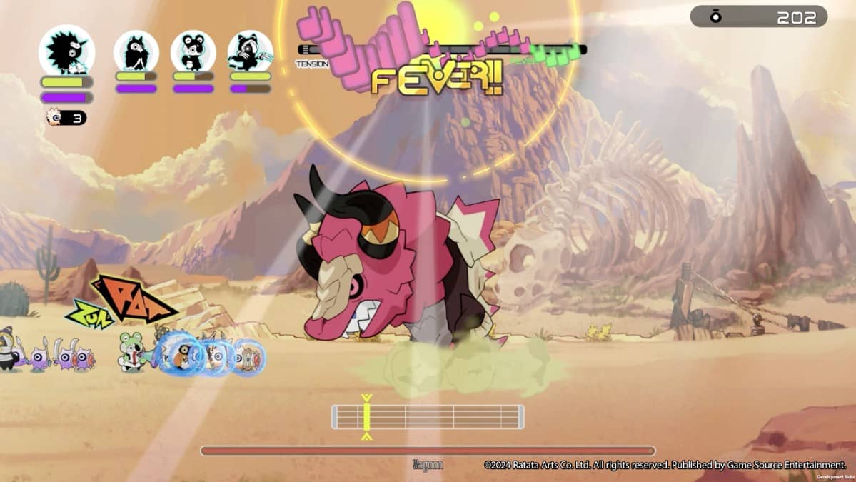 Ratatan unleashes a fever attack against a towering boss, flooding the screen with rhythmic chaos and vibrant effects.