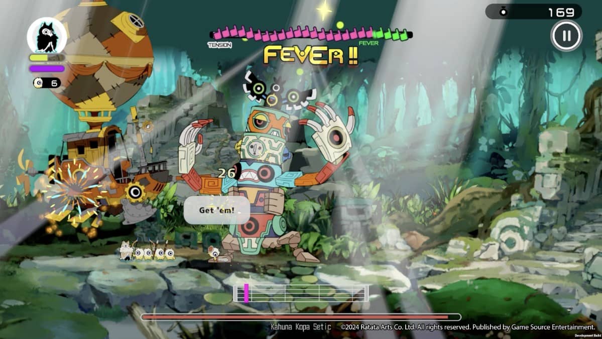 A massive battle erupts in Ratatan, bursting with vibrant colors and rhythmic combat flow across the chaotic battlefield.