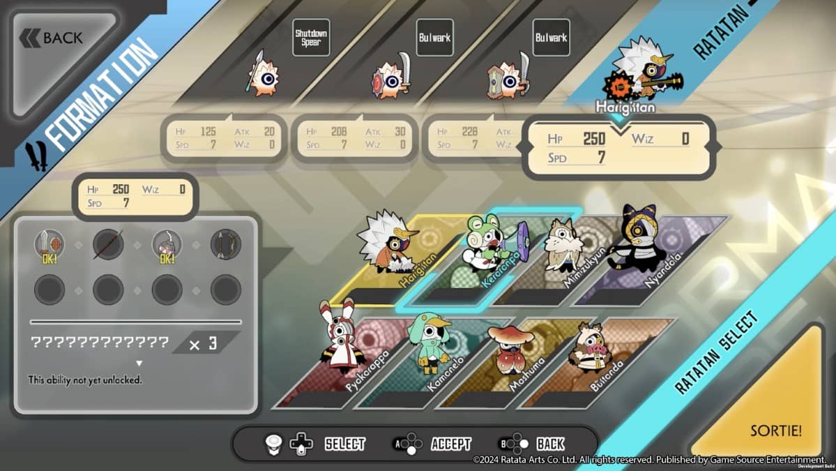 Playable characters from Ratatan stand ready, showcasing their unique abilities and upgrade paths in a vibrant lineup.