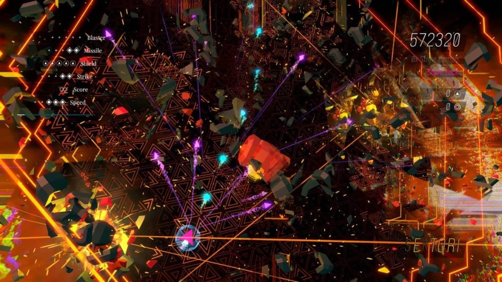 A packed combat scene in Sektori showing intense close-quarters shooting and chaotic particle effects in a confined arena.