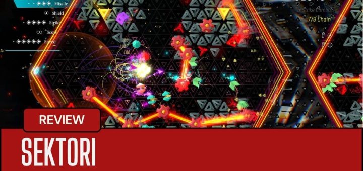A vibrant combat sequence from Sektori showcasing intense twin-stick action and explosive colour effects.