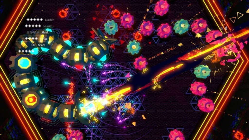A chaotic battle in Sektori featuring a massive snake boss surrounded by vibrant particle effects and neon colour bursts.