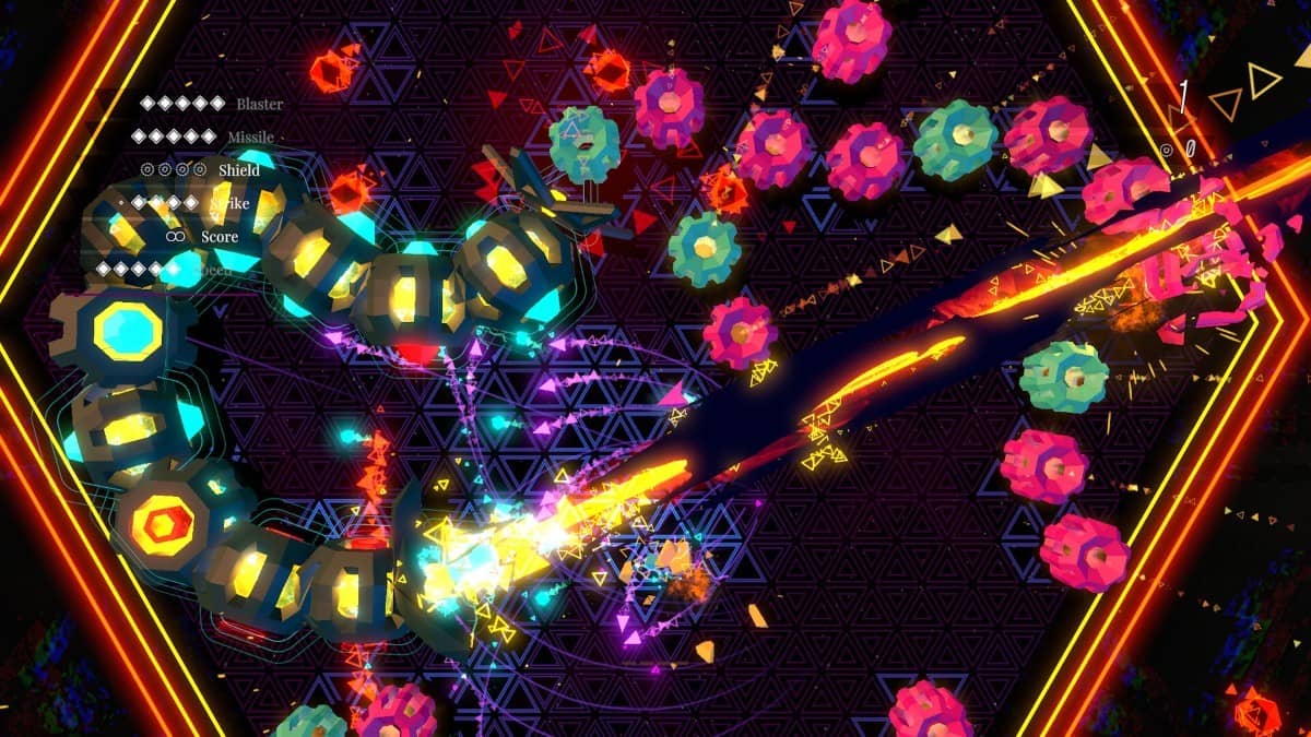 A chaotic battle in Sektori featuring a massive snake boss surrounded by vibrant particle effects and neon colour bursts.