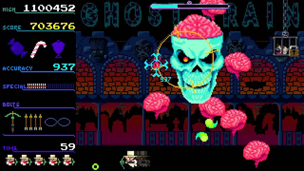 silver bullet climactic Ghostlight Manor boss fight featuring a grotesque giant skull with its exposed brain glowing.