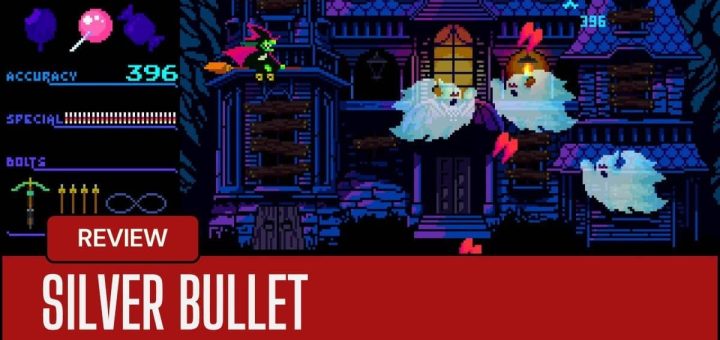 silver bullet haunted pixel mansion from Ghostlight Manor with glowing ghosts swirling through eerie windows.