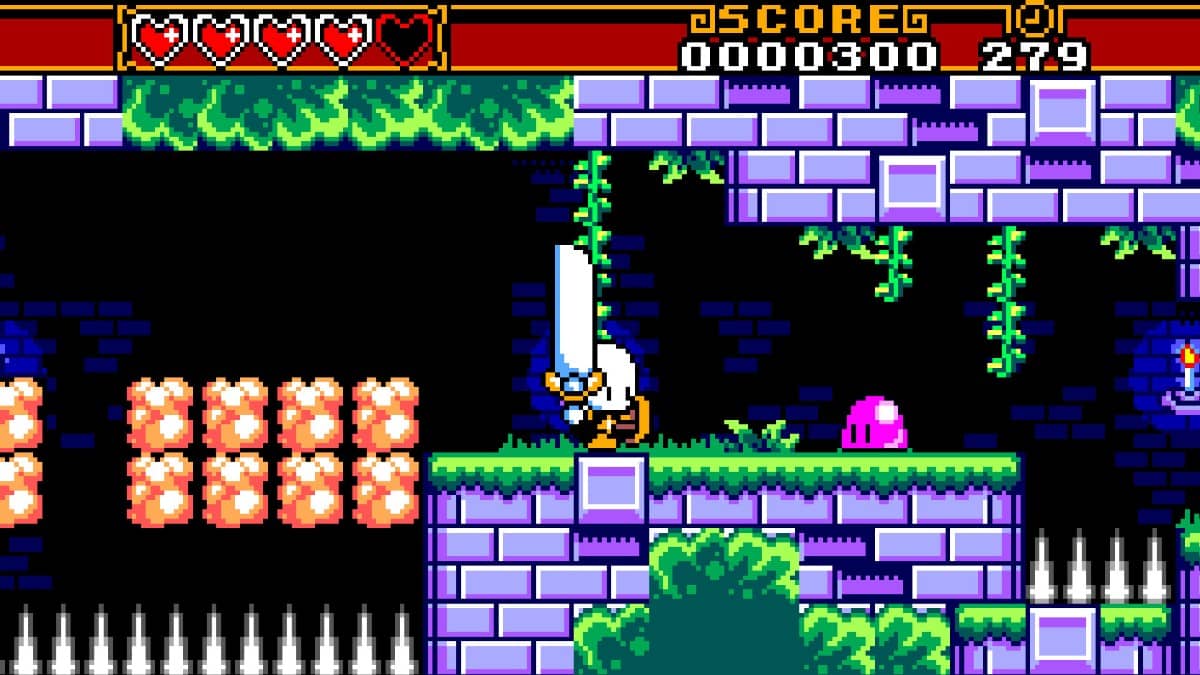 Sir Noggin explores vine-covered caves as a slime enemy approaches from the shadows.