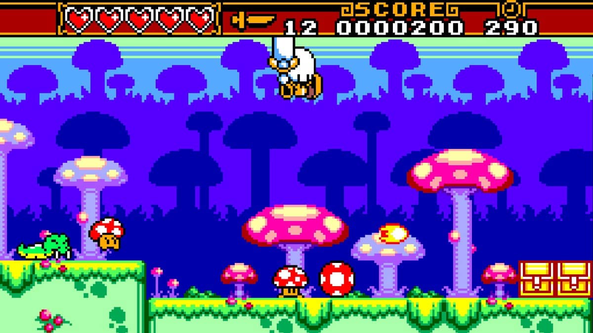 Sir Noggin leaps across a vibrant stage filled with towering giant mushrooms in the background.