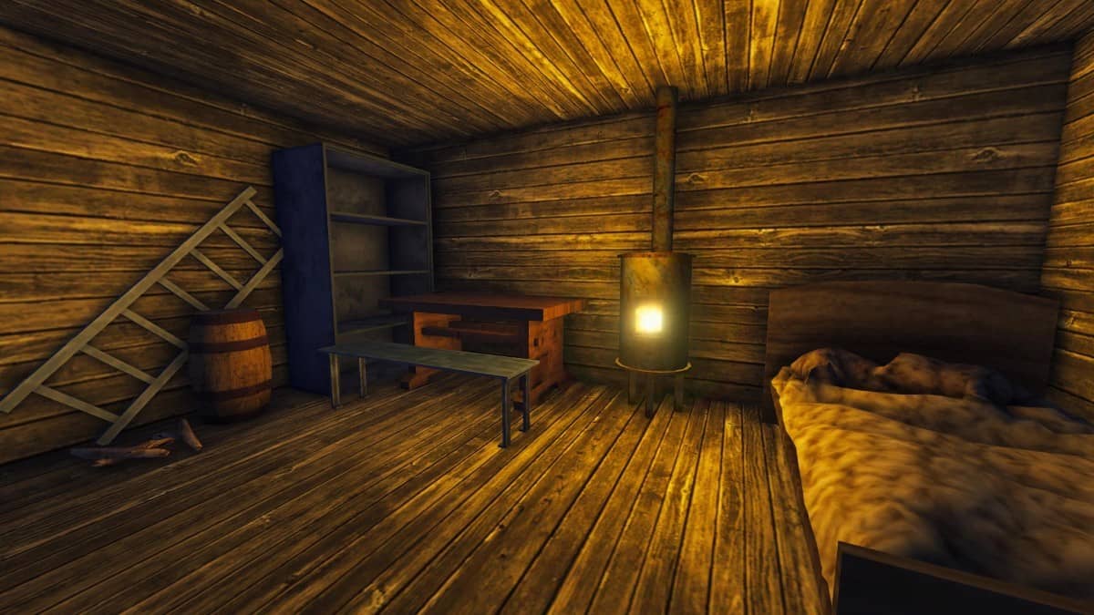 Inside the cabin in Skinwalker, the fire glows warmly and lights the survival space.