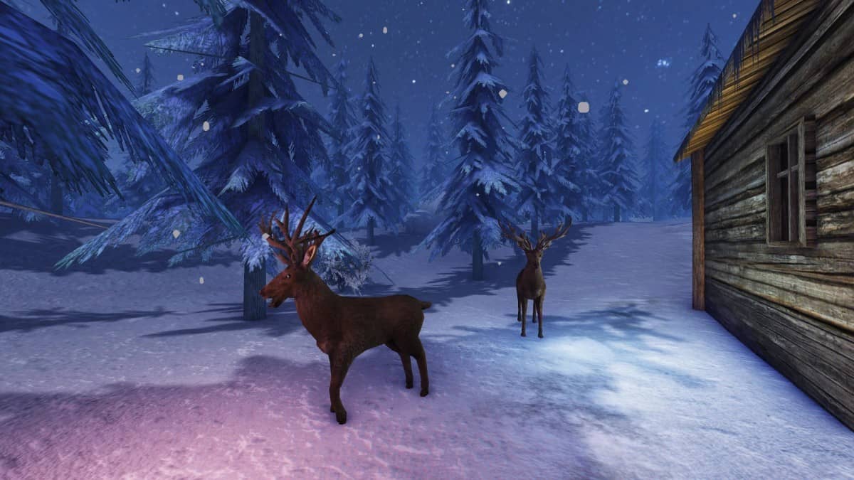 Animals wander and graze in the snow covered forest of Skinwalker survival horror.