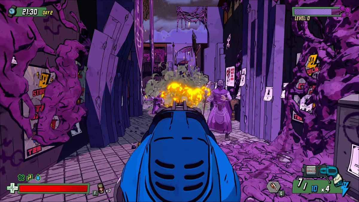 Player aims down sights at enemies as purple slime coats the walls in Skopje 83.