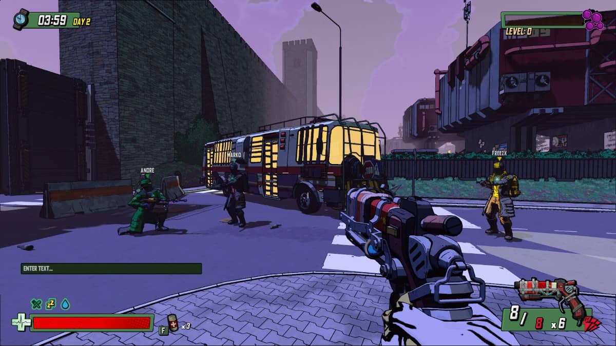 Four players prepare on a city street after stepping off the bus in Skopje 83.