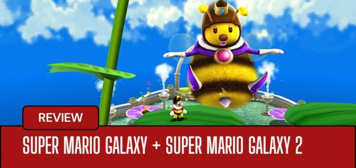 Bee Mario gazes up at the towering Queen Bee in Super Mario Galaxy, showcasing whimsical character design and level charm.