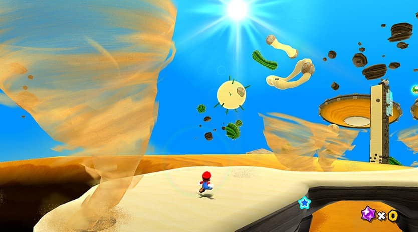 Mario navigates a sunlit desert in Super Mario Galaxy, dodging tornados and weaving past towering cactuses.