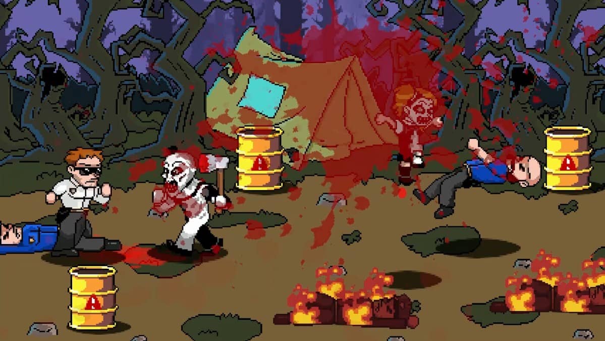 Art battles multiple security guards at a tense campsite scene in Terrifier: The ARTcade Game.