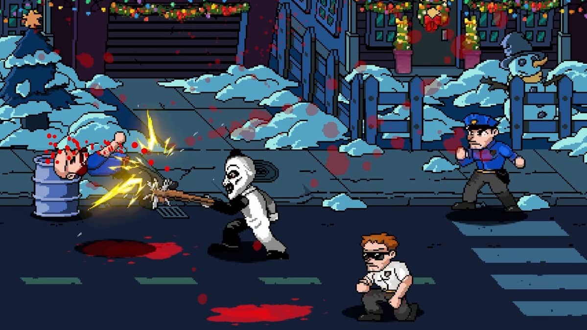 Art and allies clash with swarming security guards in Terrifier: The ARTcade Game, beside a flaming barrel.