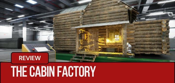 A calm log cabin glowing with light on the production line in The Cabin Factory.