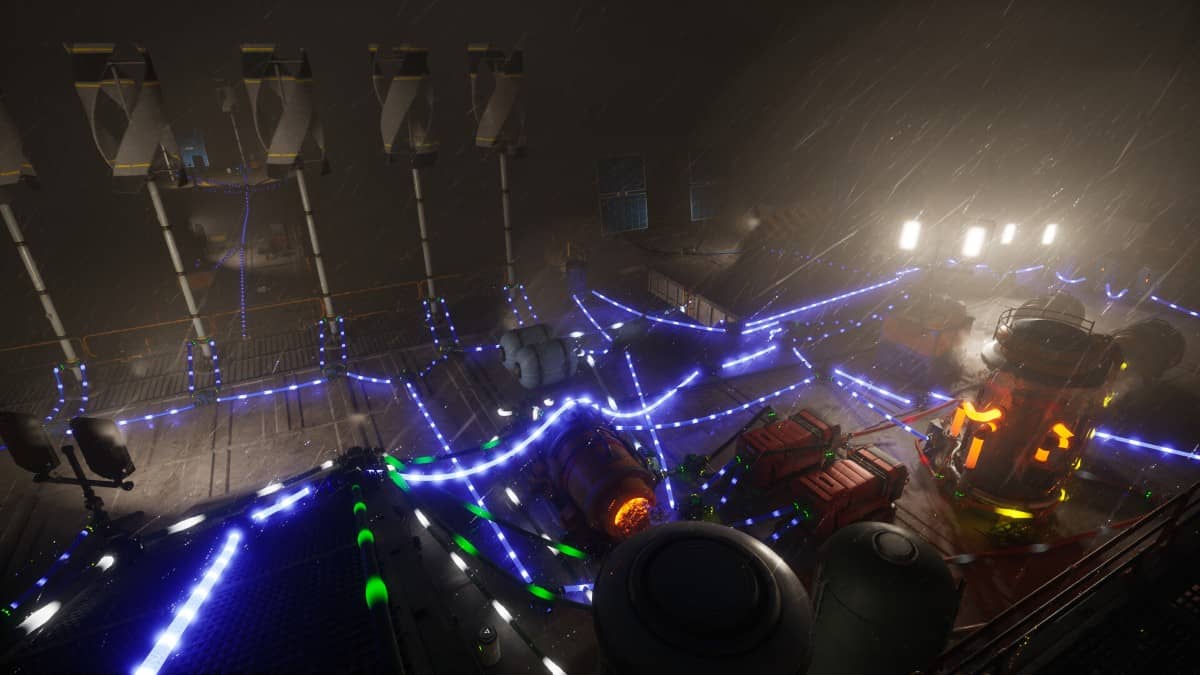 A dense cluster of mechanical components and tangled cables in The Last Caretaker, drenched in rain and shadow.