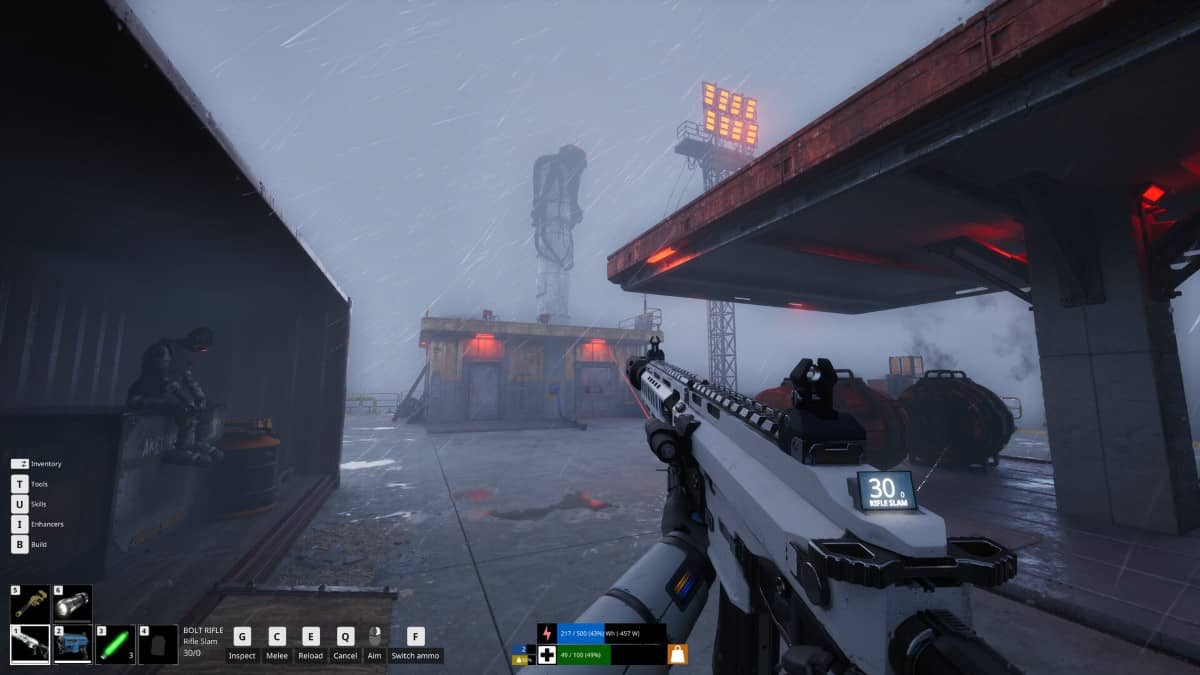 The Last Caretaker protagonist fires a weapon on the ship’s top deck, highlighting tense combat in open sea conditions.