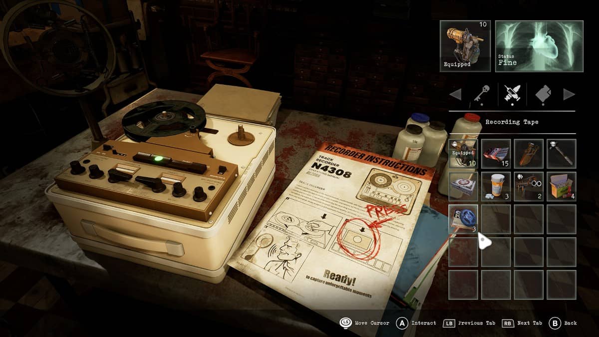 The save recorder in Tormented Souls 2 with visible ribbon-loading detail, highlighting its retro horror mechanics.