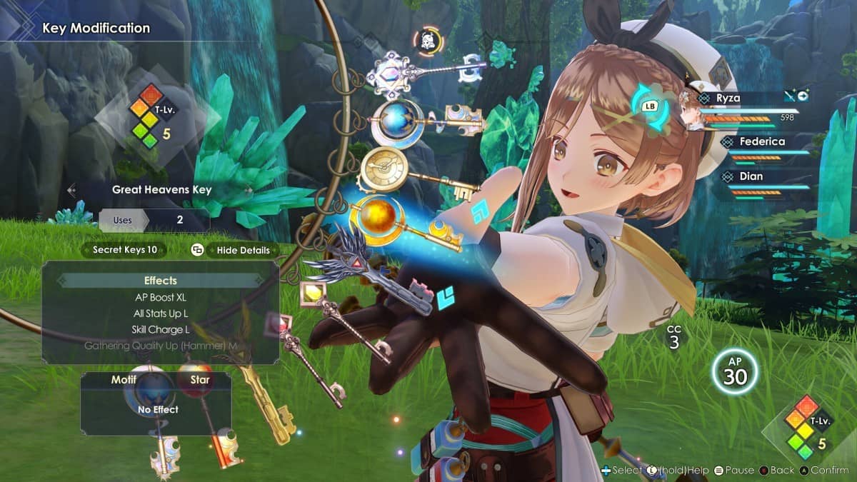 Key modification interface in Atelier Ryza Secret Trilogy Deluxe Pack showing numerous stylish keys.