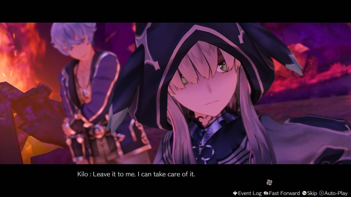 Kilo speaking during a dramatic cutscene in Atelier Ryza Secret Trilogy Deluxe Pack, poised for battle.