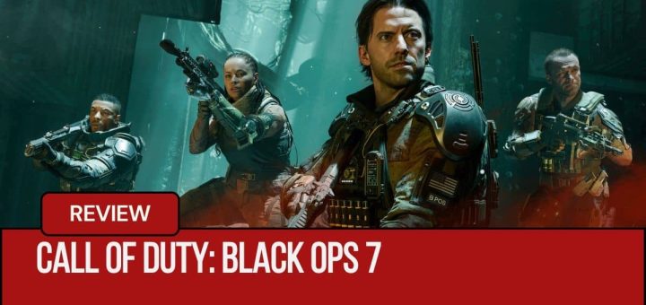 The main squad from Black Ops 7 stands ready for action against a striking red and black backdrop.