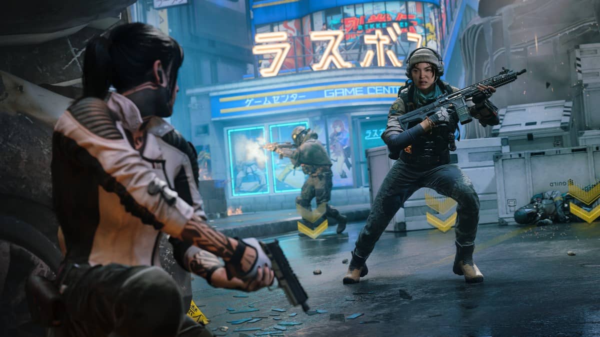 A Black Ops 7 player secures a capture point on a neon-lit city street while spotting an enemy nearby.