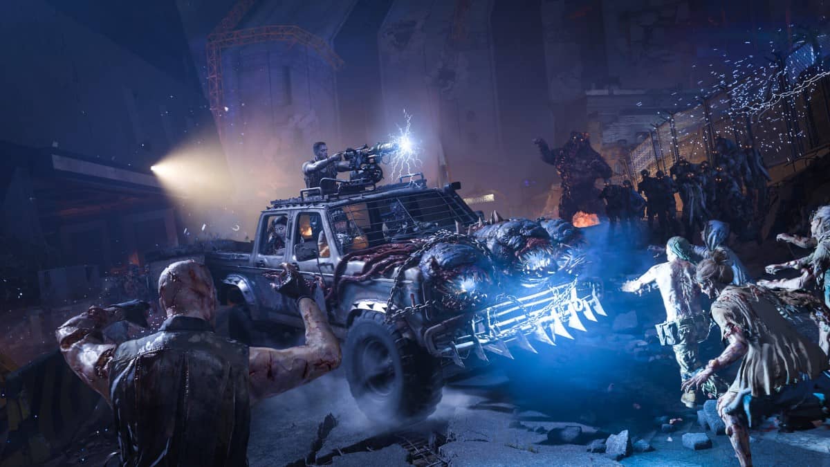 Players ride a barbed-wire covered vehicle in Black Ops 7 zombie mode, battling the undead in chaotic style.