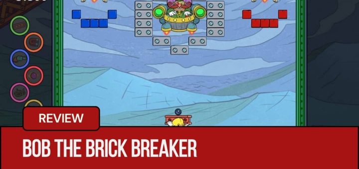 Bob the Brickbreaker facing a giant flying robot among towering blocks in a dramatic showdown.