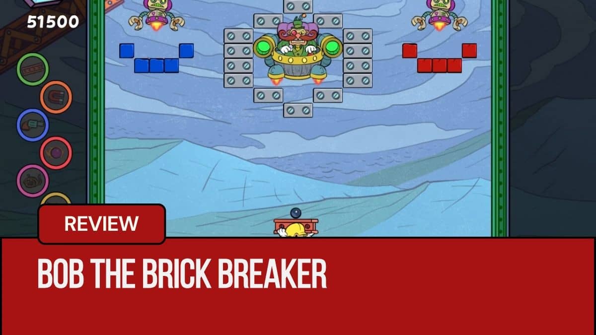 Bob the Brickbreaker facing a giant flying robot among towering blocks in a dramatic showdown.