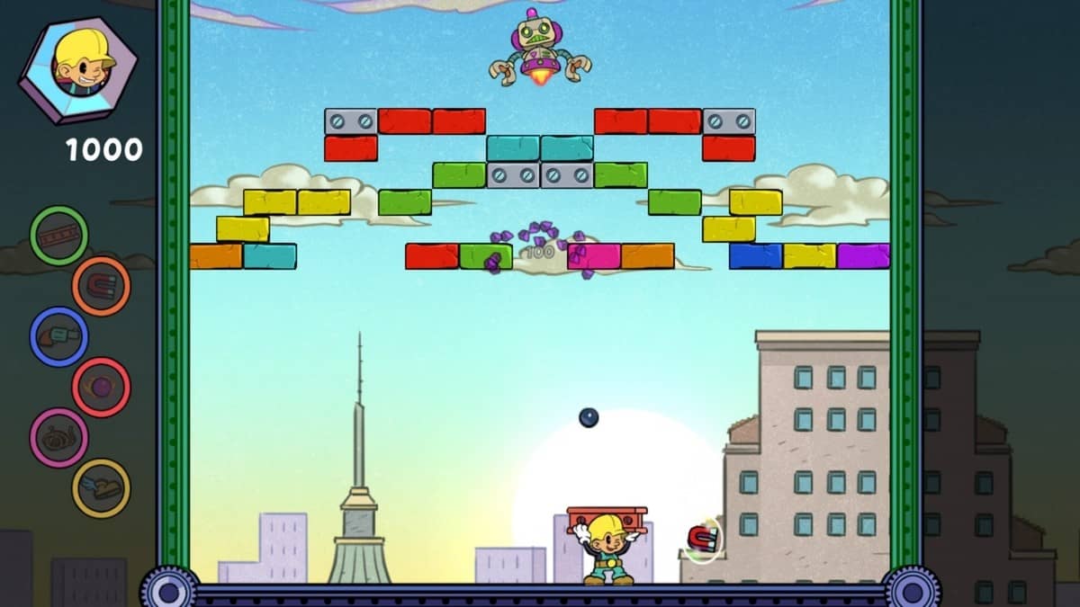 Bob the Brickbreaker confronting a small robot dropping blocks as defense in a tense arcade clash.