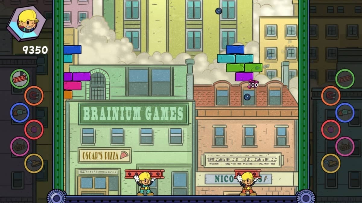 Two Bobs in Bob the Brickbreaker battling side by side during a mid-level arcade stage.