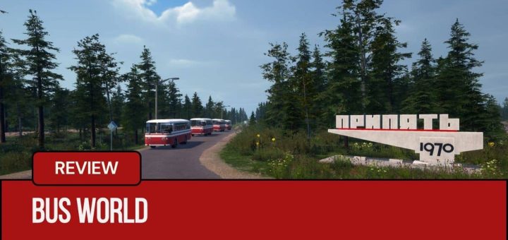 A convoy of red and white buses arriving at a complex in Bus World, highlighting immersive gameplay.