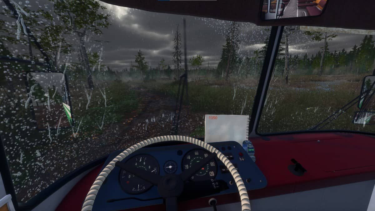 Driving through heavy rain in Bus World with wipers on and limited road visibility.