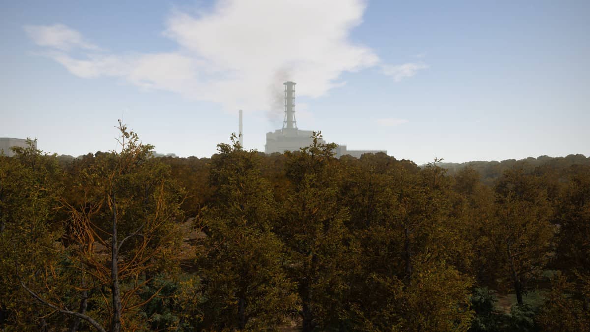 Aerial view of dense forest with Chernobyl in the background from Bus World, emphasizing atmospheric setting.