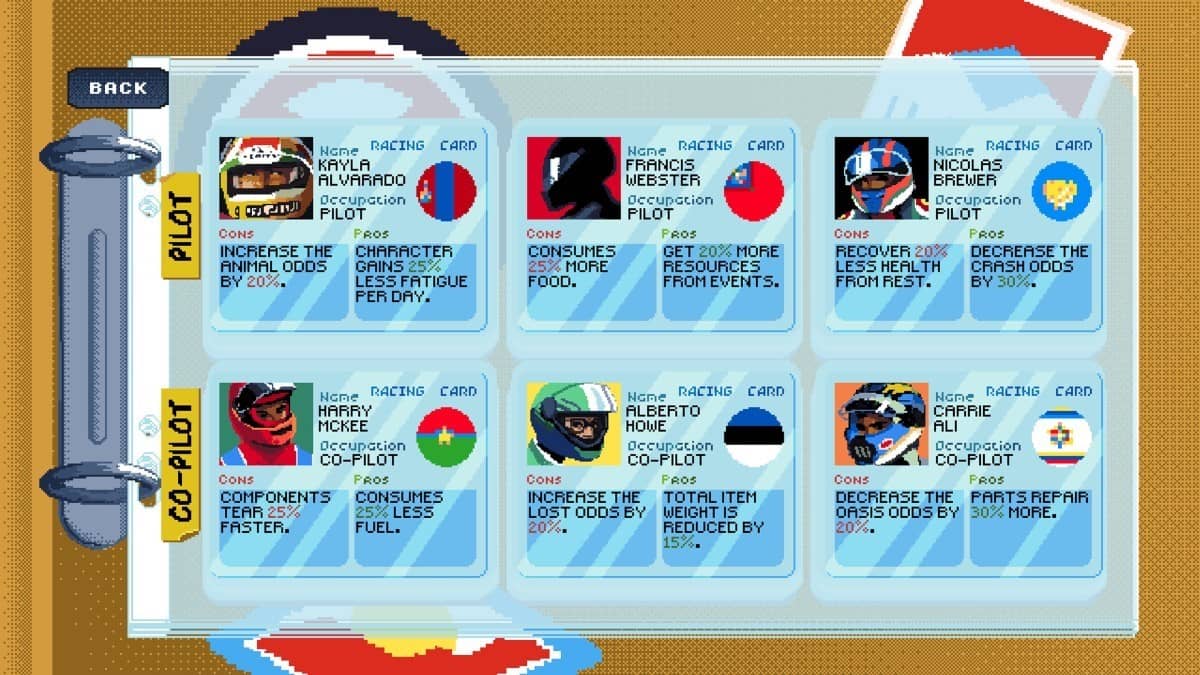 Driver selection screen in Desert Race Adventures showing avatars and detailed stats for each racer.