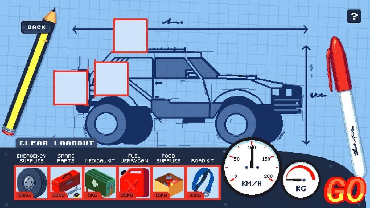The Desert Race Adventures loadout screen showing item placement options like fuel, food, and spare parts.