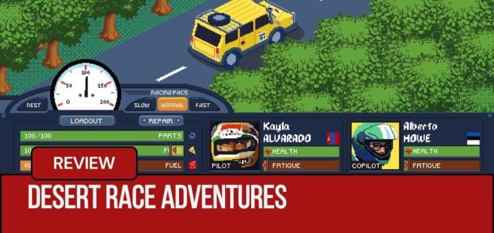 A vehicle speeds through the desert in Desert Race Adventures, framed by trees on either side.