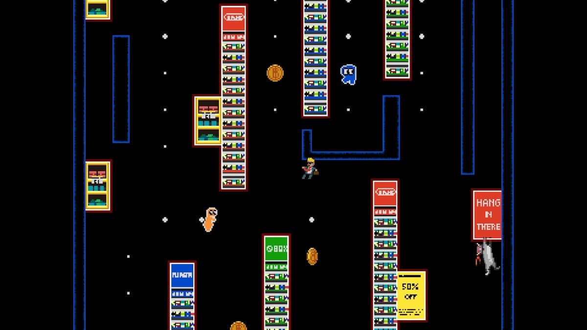 A vibrant bookshelf-filled stage in Diamond Hands: To The Moon with the player falling between platforms.