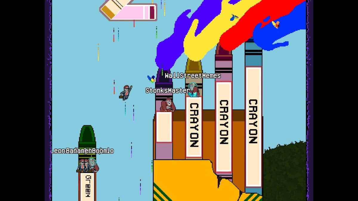 A colourful crayon-themed platforming section from Diamond Hands: To The Moon showing its jump mechanics.