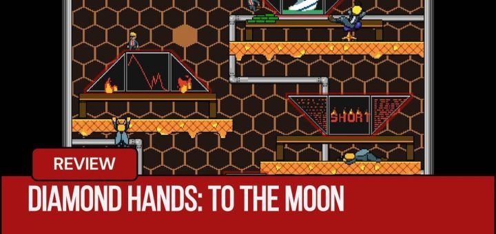A frantic stock-floor scene from Diamond Hands: To The Moon with burning computers and panicked workers.
